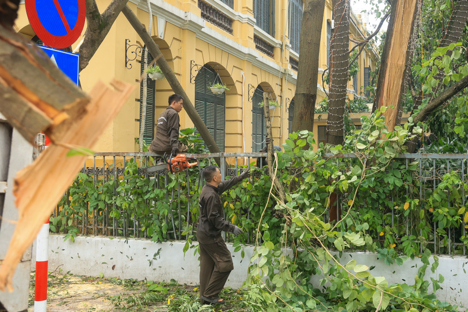 Công nhân dọn dẹp cành cây gãy tại khu vực giao cắt Đinh Tiên Hoàng và Lê Lai. (Ảnh: Hoài Nam/Vietnam+)
