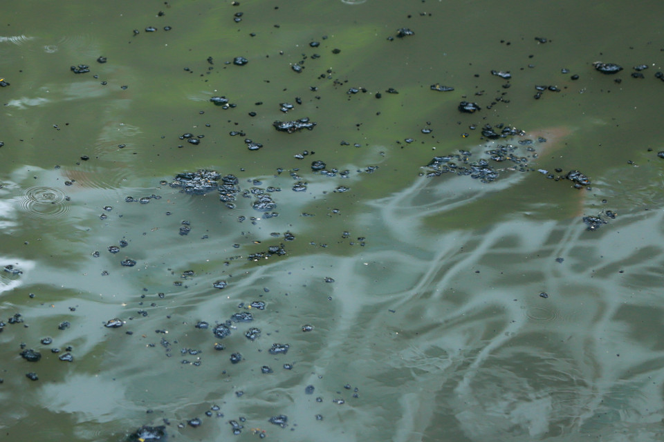 Hình ảnh váng dầu trôi lềnh phềnh kéo dài suốt chiều dài con sông Tô Lịch. (Ảnh: Hoài Nam/Vietnam+)