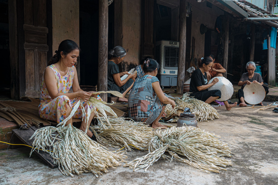 Để có một chiếc nón hoàn chỉnh, người làm nón phải cẩn thận trong từng công đoạn, kiên nhẫn và khéo léo với từng đường kim, mũi chỉ. (Ảnh: Hoài Nam/Vietnam+)