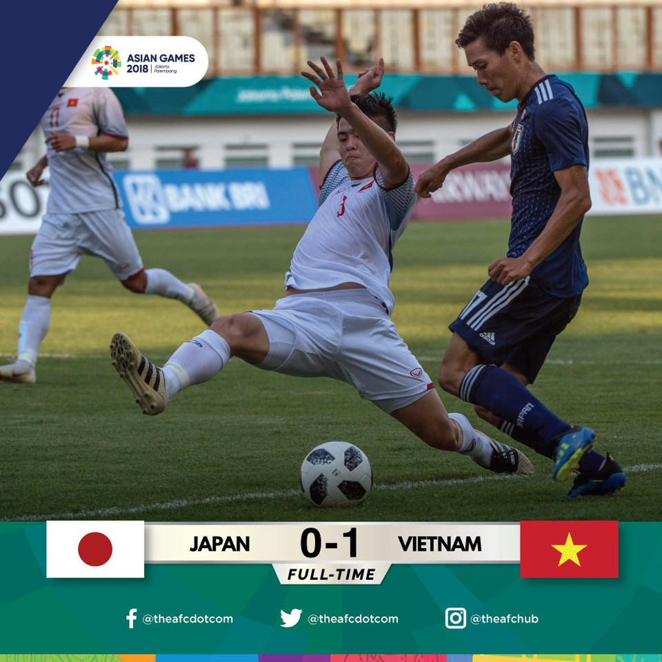 Trang chủ của Liên đoàn bóng đá châu Á chúc mừng đội Olympic Việt Nam giành chiến thắng trước Olympic Nhật Bản để giành vị trí nhất bảng D môn bóng đá nam ASIAD 2018