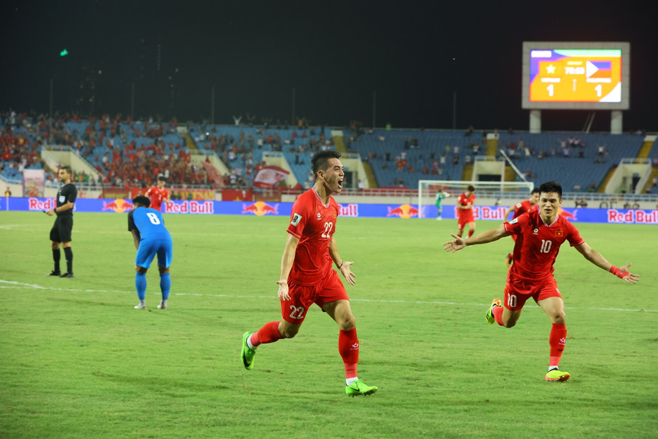 Niềm vui của tiền đạo Nguyễn Tiến Linh. (Ảnh: Hoài Nam/Vietnam+)