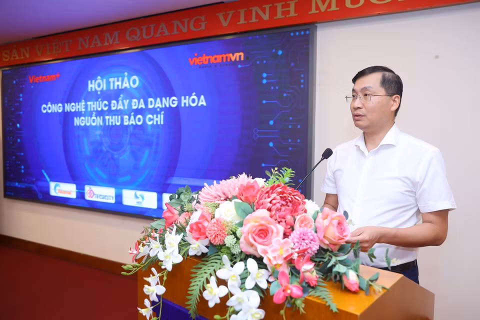 Tổng biên tập Báo Điện tử VietnamPlus Trần Tiến Duẩn phát biểu tại Hội thảo. (Ảnh: PV/Vietnam+)