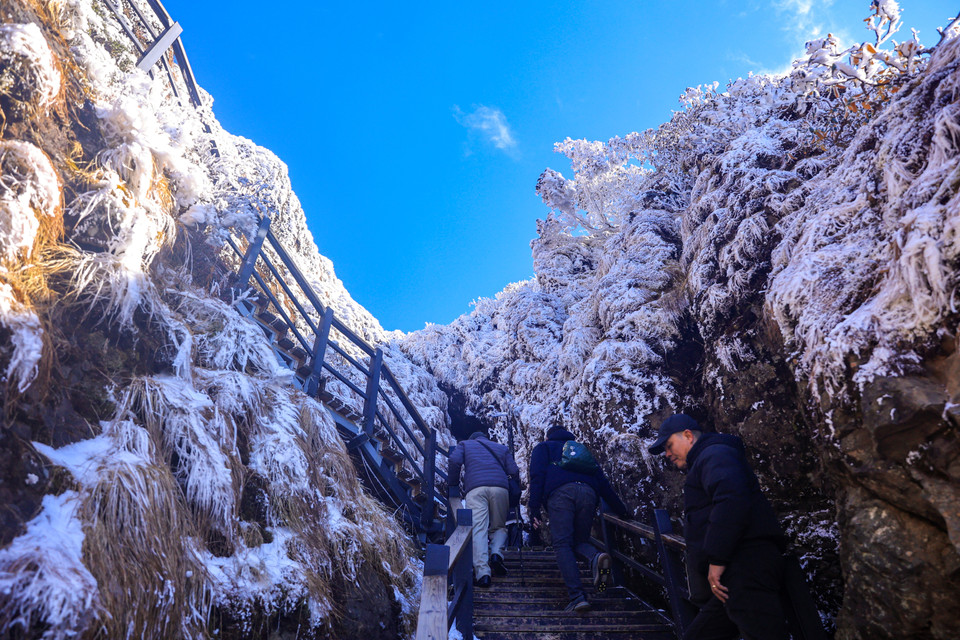Những người muốn chinh phục đỉnh núi phải tự đi bộ quãng đường còn lại qua những cây cầu gỗ và bậc đá. (Ảnh: Hoài Nam/Vietnam+)