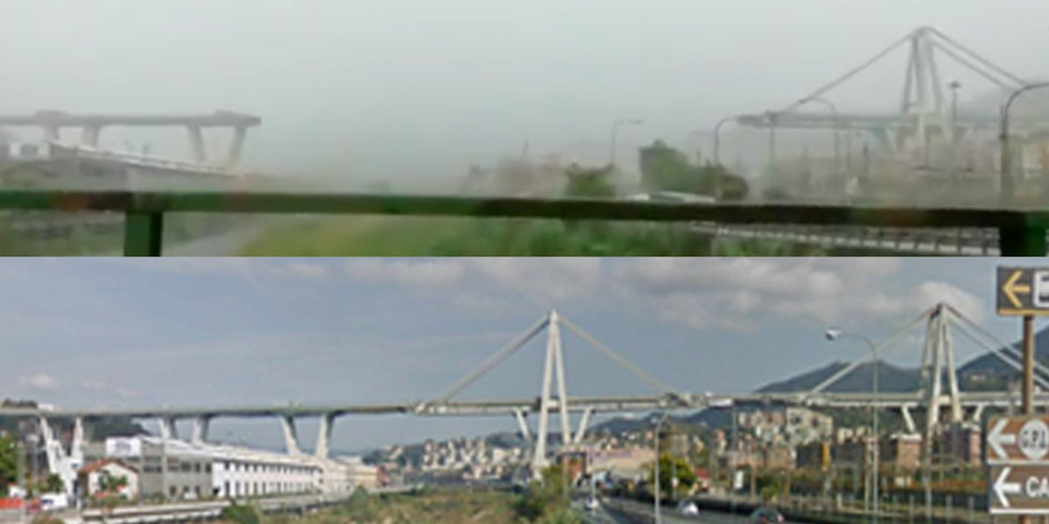 Hình ảnh cầu cao tốc Morandi trên cao tốc A10 ở Genoa, Italy, trước và sau khi đổ sập (Nguồn: Business Insider)