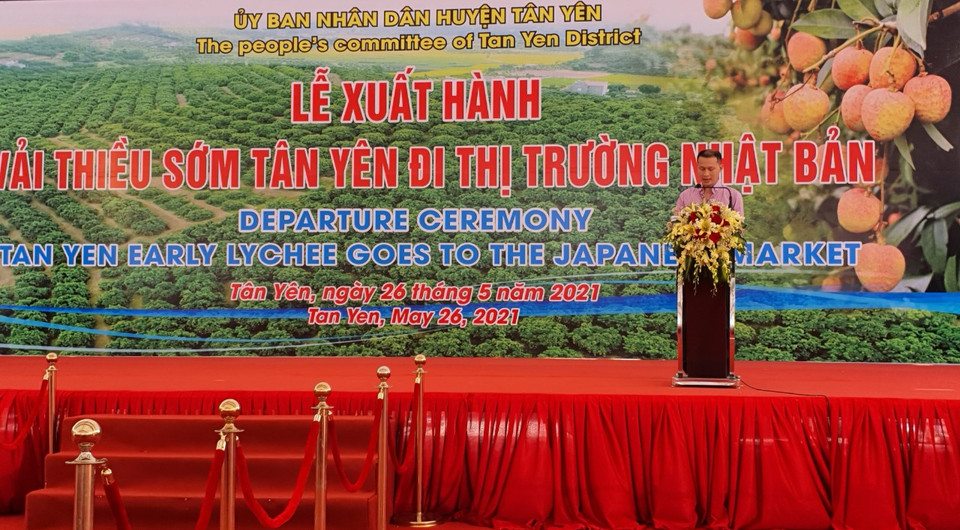 Tổng Giám đốc công ty TNHH Toàn Cầu đại diện cho các doanh nghiệp phát biểu tại Lễ xuất hành vải sớm sang Nhật (Ảnh: CTV/Vietnam+)