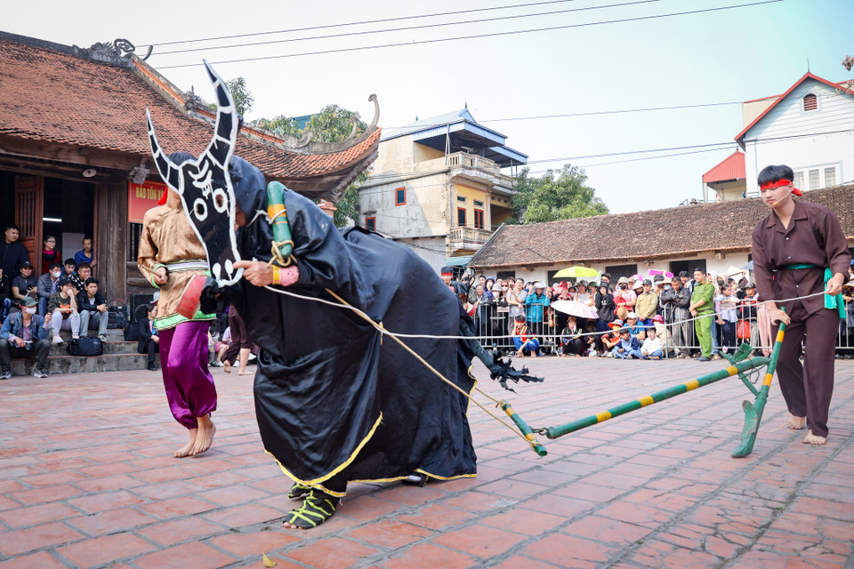 Mở đầu là hội thi canh nông. Trên sân đình hai chàng trai tham gia so tài đóng vai thợ cày và hai người đóng giả trâu đeo mặt nạ. (Ảnh: Hoài Nam/Vietnam+)