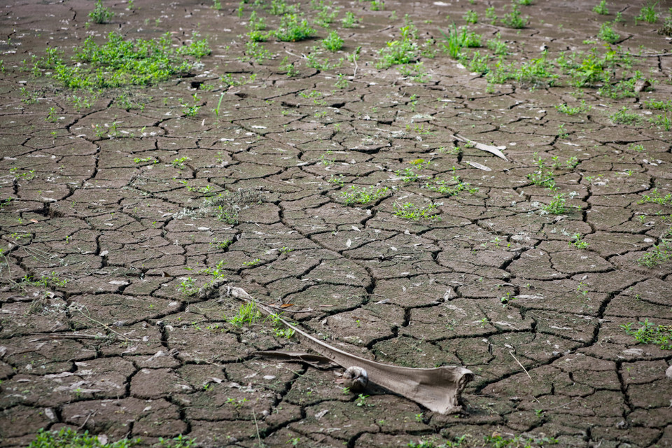 Thực trạng cho thấy một số khu vực đáy hồ còn nứt nẻ do ‘khát nước’ từ lâu. (Ảnh: Hoài Nam/Vietnam+)