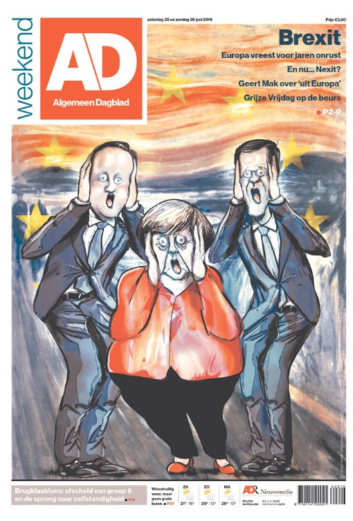 Báo Algemeen Dagblad của Hà Lan đưa lên trang nhất bức biếm họa phỏng theo bức tranh “Tiếng thét” của danh họa Evard Munch, với hình ảnh Thủ tướng Anh David Cameron, Thủ tướng Đức Angela Merkel và Thủ tướng Hà Lan Mark Rutte bịt tai, khuôn mặt hoảng sợ trước viễn cảnh Brexit.