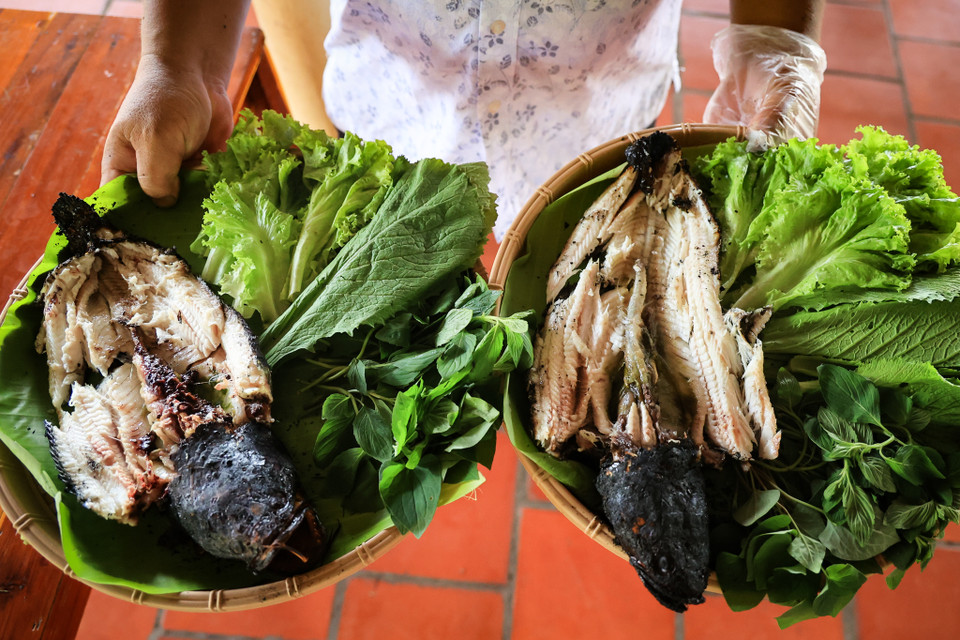 Đối với những chú cá lóc cỡ lớn khoảng 1 kg trở lên, thì việc nướng cá có đôi chút khác biệt. Vì cá lớn rất dễ xảy ra trường hợp, bên ngoài cá chín, bên trong vẫn sống. Để giải quyết vấn đề này, người dân nơi đây đã nghĩ ra cách đổ nước vào trong bụng cá, sau đó dốc ngược miệng cá lên trên rồi mới châm lửa nướng. (Ảnh: Hoài Nam/Vietnam+)