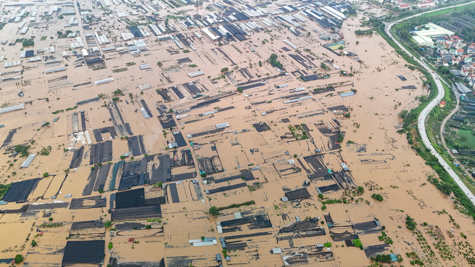 Nhà vườn phía ngoài đê bị nhấn chìm trong nước. (Ảnh: Hoài Nam/Vietnam+)