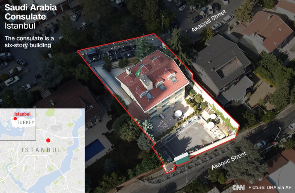 Sơ đồ tòa lãnh sự quán Saudi Arabia ở Istanbul. Nhiều nguồn tin nói dường như ông Khashoggi đã bị thủ tiêu một cách dã man.