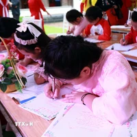 Học sinh trên địa bàn xã Nam Hồng, tỉnh Ninh Bình thực hiện khai bút. (Ảnh: Nguyễn Lành/TTXVN)