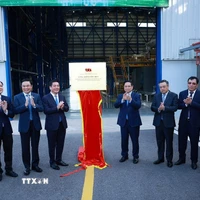 Thủ tướng Phạm Minh Chính và các đại biểu dự Lễ khánh thành Nhà máy Điện khí LNG Nhơn Trạch 3 và 4 và thực hiện nghi thức gắn biển Công trình chào mừng Đại hội XIV của Đảng. (Ảnh: Dương Giang/TTXVN)