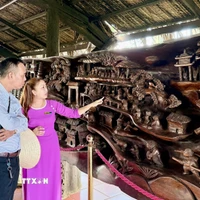 Du khách tham quan bức tranh gỗ lũa khổng lồ dài gần 25m, nặng khoảng 20 tấn, được xem là một trong những tác phẩm công phu bậc nhất Việt Nam. (Ảnh: Thanh Sang/TTXVN)