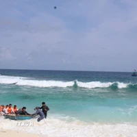 Đưa ngư dân gặp nạn vào đảo Song Tử Tây, đặc khu Trường Sa, tỉnh Khánh Hòa để cấp cứu, điều trị. (Ảnh: TTXVN phát)