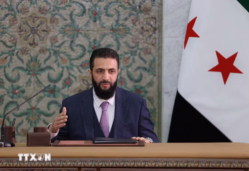 Tổng thống Syria Ahmad al-Sharaa phát biểu tại Damascus. (Ảnh: AA/TTXVN phát)