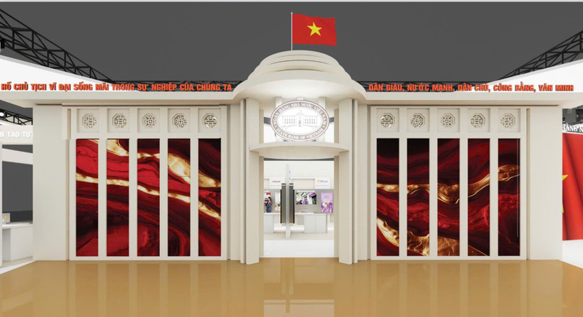 Gian trưng bày triển lãm thành tựu ngành Ngân hàng vươn mình cùng đất nước. (Ảnh: Vietnam+)