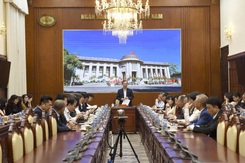 Phó Thống đốc Thường trực Ngân hàng Nhà nước Đào Minh Tú phát biểu tại cuộc họp. (Ảnh: Vietnam+)