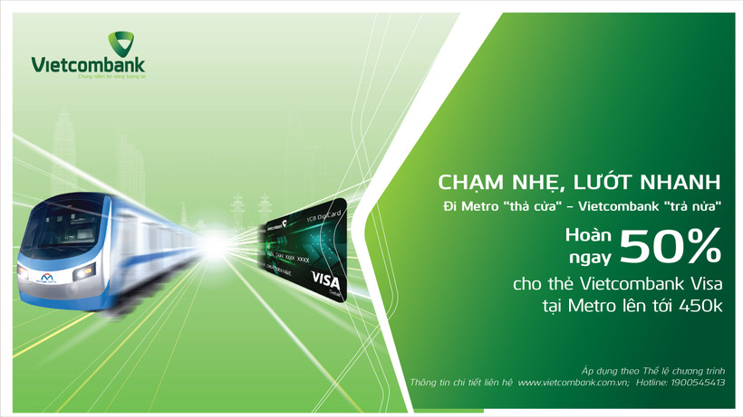 Chào mừng 50 năm Thống nhất đất nước, Vietcombank hoàn 50% vé Metro 450.000 đồng. (Ảnh: Vietnam+)
