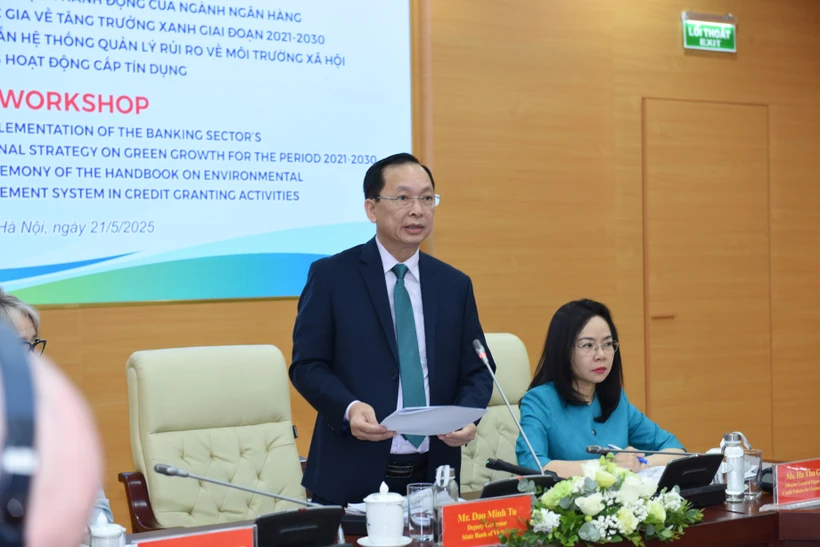 Tín dụng xanh: Động lực thúc đẩy chiến lược tăng trưởng xanh quốc gia Phó Thống đốc Ngân hàng Nhà nước Đào Minh Tú phát biểu tại tọa đàm. (Ảnh: Vietnam+)