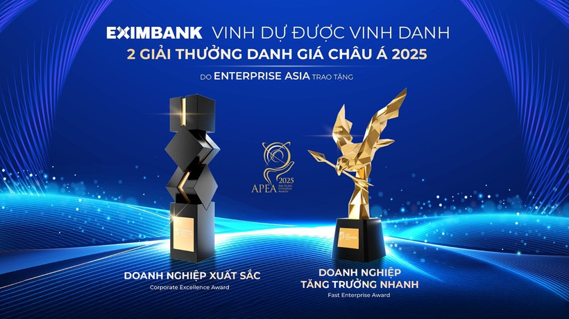 Eximbank được vinh danh Doanh nghiệp xuất sắc châu Á (Corporate Excellence Award) và Doanh nghiệp tăng trưởng nhanh (Fast Enterprise Award) tại APEA 2025. (Ảnh: Vietnam+)