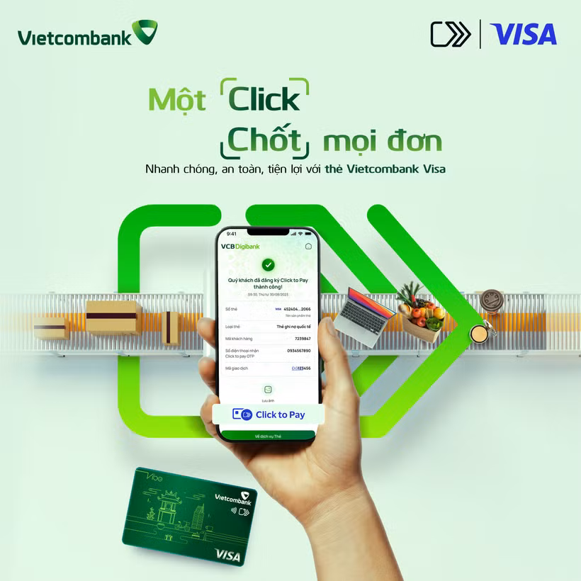 Vietcombank triển khai tính năng Click to Pay cho chủ thẻ Visa nhằm tối ưu hóa trải nghiệm mua sắm trực tuyến và tăng cường bảo mật cho khách hàng. (Ảnh: Vietnam+)