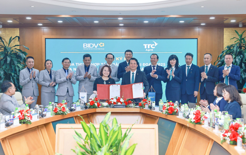 Phó Tổng Giám đốc BIDV Trần Long và Chủ tịch Hội đồng quản trị TTC AgriS Đặng Huỳnh Ức My đại diện hai đơn vị ký thoả thuận hợp tác toàn diện. (Ảnh: Vietnam+)