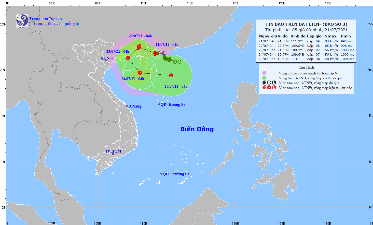 Hướng di chuyển của bão. (Nguồn: nchmf.gov.vn) Bão số 3 có khả năng đi ra ngoài Biển Đông, vẫn gây mưa nhiều nơi ảnh 1