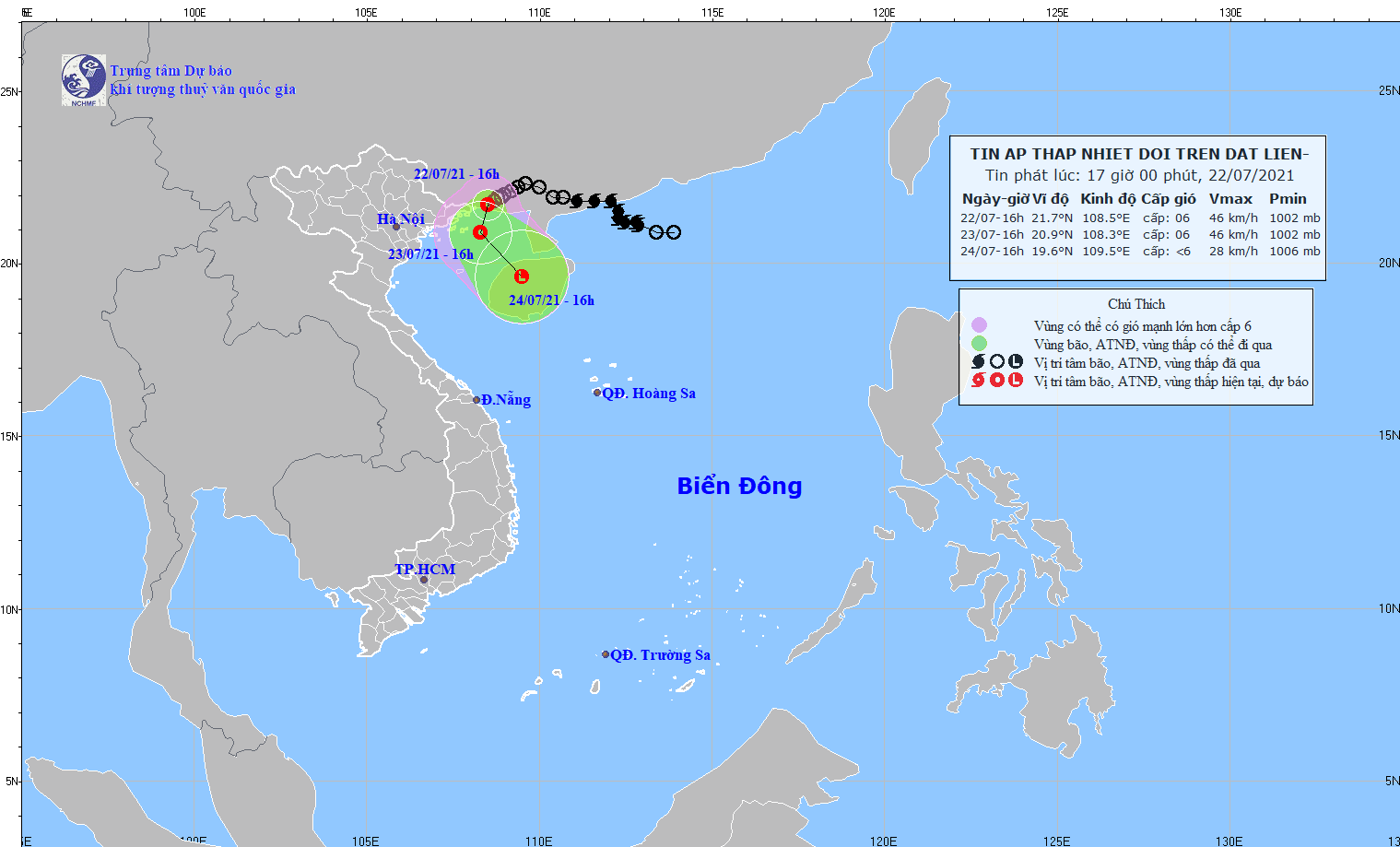 (Nguồn: nchmf.gov.vn) Áp thấp nhiệt đới liên tục đổi hướng gây mưa dông diện rộng ở Bắc Bộ ảnh 1