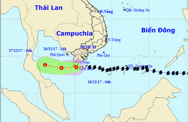 Vị trí và đường đi của cơn bão. (Nguồn: nchmf.gov.vn) Bão số 16 suy yếu thành áp thấp nhiệt đới, Nam Bộ có mưa vừa và mưa to ảnh 1