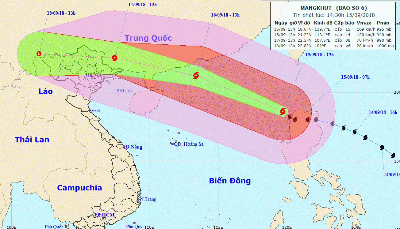 Dự báo đường đi của siêu bão Mangkhut. (Nguồn: nchmf.gov.vn) Bão Mangkhut có thể thành áp thấp nhiệt đới khi vào đất liền Việt Nam ảnh 1