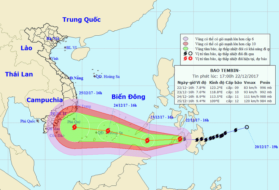 Đường đi và vị trí cơn bão. (Nguồn: nchmf.gov.vn) Bão Tembin di chuyển nhanh và tiếp tục mạnh thêm một cấp ảnh 1