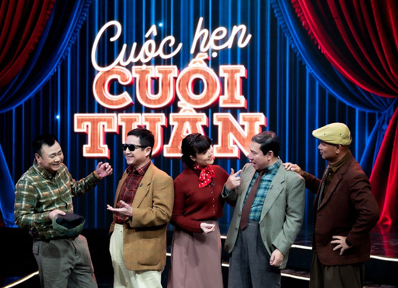 Các nghệ sỹ kỳ cựu Chí Trung, Tự Long, Quang Thắng, Vân Dung cùng MC Long Vũ sẽ có màn biểu diễn thú vị trong chương trình “Cuộc hẹn cuối tuần.” (Ảnh: VTV)