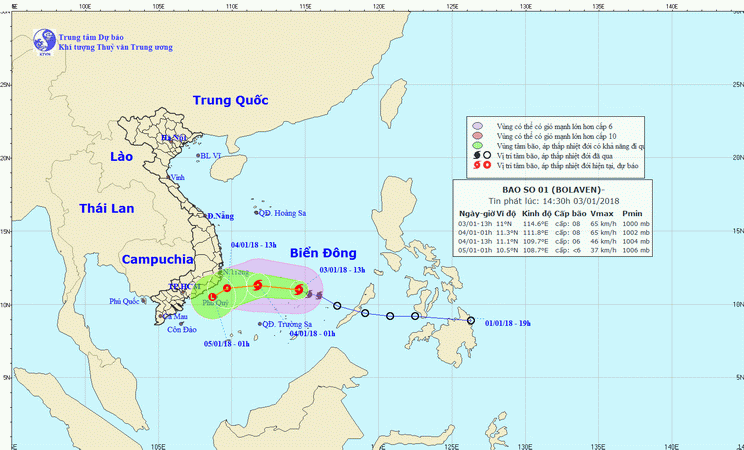 Đến 1 giờ ngày 4/1, tâm bão số 1 cách bờ biển Phú Yên-Bình Thuận 330km ảnh 1