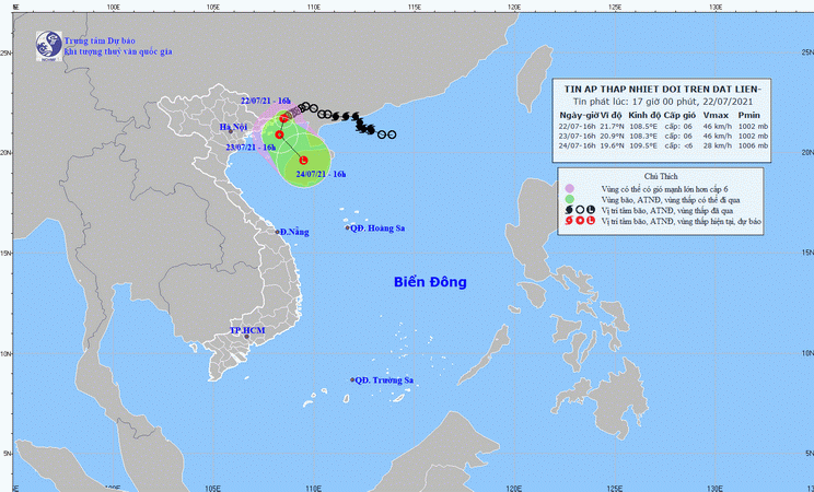 Vị trí và đường đi của áp thấp nhiệt đới. (Nguồn: nchmf.gov.vn) Đêm 22/7: Mưa dông gây gió giật mạnh cấp 7-8 ở vùng biển Vịnh Bắc Bộ ảnh 1