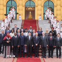 Chủ tịch nước Lương Cường với các Đại sứ đến trình Quốc thư. (Ảnh: Lâm Khánh/TTXVN)