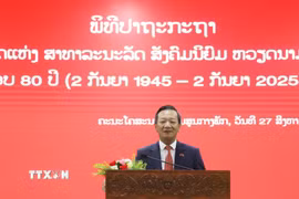 Đại sứ Việt Nam tại Lào Nguyễn Minh Tâm chia sẻ tại sự kiện về ý nghĩa lịch sử của Cách mạng Tháng Tám và Quốc khánh 2/9, cùng những thành tựu của Việt Nam sau 80 năm, đặc biệt sau gần 40 năm đổi mới. (Ảnh: Xuân Tú/TTXVN)