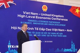 Tổng Bí thư Tô Lâm phát biểu tại Hội nghị Kinh tế Cấp cao Việt Nam - Anh. (Ảnh: Thống Nhất/TTXVN)