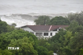 Sóng biển dâng cao khi bão Melissa đổ bộ vào St. Thomas, Jamaica ngày 28/10/2025. (Ảnh: THX/TTXVN)