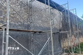 Đoạn tường thành đang được triển khai bả màu hoàn thiện có tính chất tương đồng với các đoạn tường thành trong khu vực. (Ảnh: Văn Dũng/TTXVN)