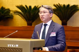 Bộ trưởng Bộ Tư pháp Nguyễn Hải Ninh, thừa ủy quyền của Thủ tướng Chính phủ trình bày Tờ trình về dự thảo Nghị quyết của Quốc hội quy định về việc xử lý một số vấn đề liên quan đến sắp xếp tổ chức bộ máy nhà nước. (Ảnh: Doãn Tấn/TTXVN)