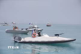 Tàu chiến của Lực lượng Vệ binh Cách mạng Hồi giáo Iran được triển khai tại Vịnh Persian, gần Bushehr, Iran. (Ảnh: THX/TTXVN)