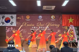 Tiết mục văn nghệ chào mừng Xuân Quê hương 2025 thành phố Siheung, Hàn Quốc. (Ảnh: Đức Thắng/TTXVN)