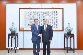 Đại sứ Việt Nam tại Trung Quốc Phạm Thanh Bình (trái) và Chủ tịch CCPIT Nhậm Hồng Bân. (Ảnh: TTXVN phát)