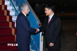 Phó Chủ tịch Quốc hội Vũ Hồng Thanh đón Chủ tịch Quốc hội Hungary Kover Laszlo tại Sân bay quốc tế Nội Bài. (Ảnh: Minh Đức/TTXVN)