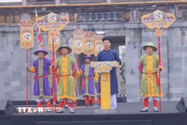 Giám đốc Trung tâm Bảo tồn Di tích Cố đô Huế Hoàng Việt Trung phát biểu tại Lễ Công bố Năm Du lịch Quốc gia và Festival Huế 2025. (Ảnh: Mai Trang/TTXVN)