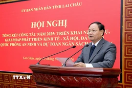 Bí thư Tỉnh ủy Lai Châu Lê Minh Ngân phát biểu tại hội nghị triển khai công tác năm 2026. (Ảnh: TTXVN phát)