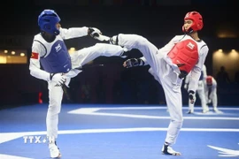 Vận động viên Nguyễn Hồng Trọng (giáp đỏ) giành chiến thắng trước Da Costa D.C của Timor Leste. (Ảnh: TTXVN phát)