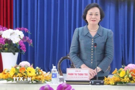 Bí thư Trung ương Đảng, Phó Thủ tướng Chính phủ Phạm Thị Thanh Trà phát biểu tại buổi làm việc với Đảng uỷ, HĐND, UBND phường Vĩnh Tế (tỉnh An Giang) về tình hình hoạt động của mô hình chính quyền 2 cấp. (Ảnh: Công Mạo/TTXVN)