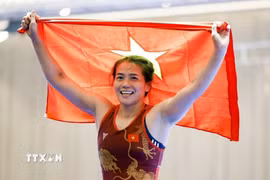 Nguyễn Thị Mỹ Hạnh - một trong những niềm hy vọng giành Huy chương Vàng tại SEA Games 33 của đội tuyển Vật Quốc gia. (Ảnh: Minh Quyết/TTXVN)